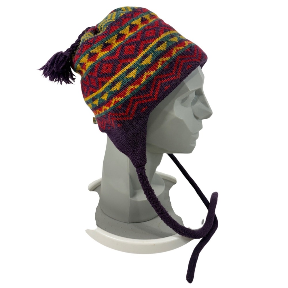 Vintage Turtle Fur Poppy Gall Earflap Hat Wool Blend Fair Isle Purple Vermont US
